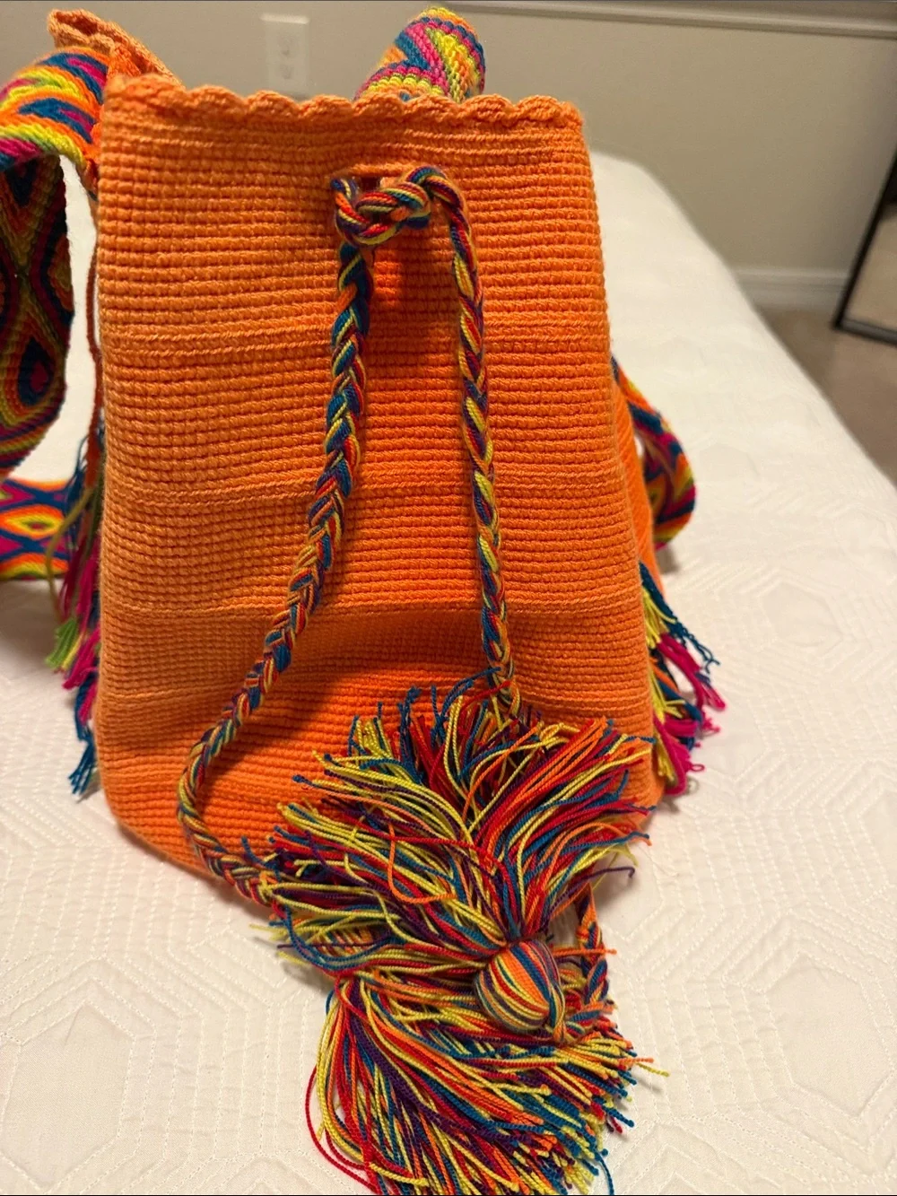 Handmade Wayuu Mochila  Orange Bucket Bag with Multicolor Strap